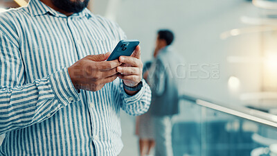Buy stock photo Phone, networking and businessman in office with communication, social media or contact on app. Notification, technology and male person with cellphone for chatting, texting or research in workplace.