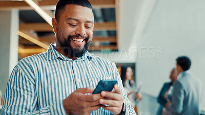 Buy stock photo Happy, businessman and typing with phone for social media, online chatting or texting in office. Man, employee or smile with mobile smartphone for communication, network or connectivity in workplace