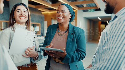 Buy stock photo Business, training or people with laughing in lobby for seminar break, funny opinion or brainstorming. Global workshop, team and happy at event for career development, share ideas and corporate joke