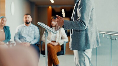Buy stock photo Podium, speaker and hands with audience at conference, workshop or symposium for skill development. Corporate talk, presenter person with discussion or keynote speech at upskill seminar in business