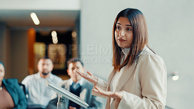 Buy stock photo Podium, speaker and business woman with audience at conference, workshop or symposium for skill development. Corporate talk, presenter person with discussion or keynote speech at upskill seminar