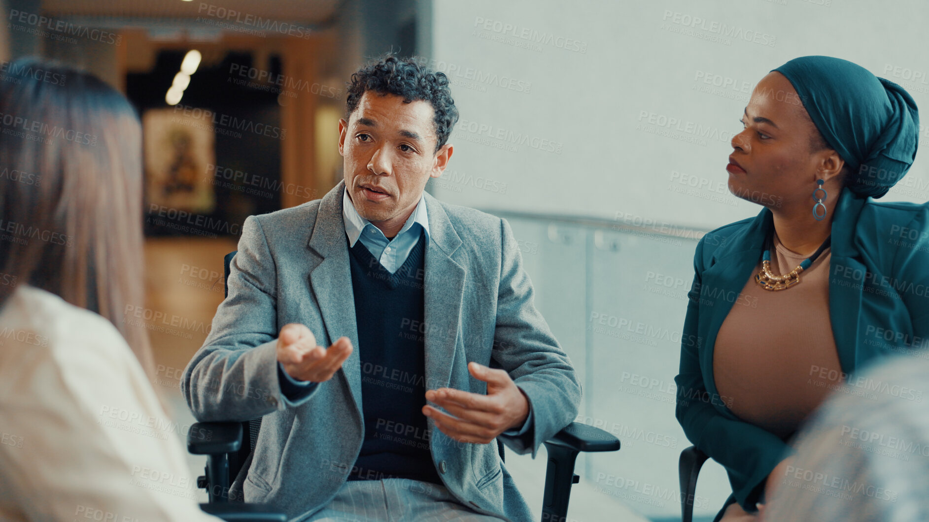 Buy stock photo Office, training and man with group, talking and explaining market opportunity to team and workshop. Coaching, people and account manager with advice for project, planning or brainstorming in meeting