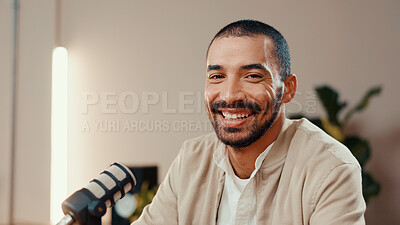 Buy stock photo Microphone, podcast and portrait of man in studio for broadcast, interview or live streaming. Radio, smile and talk show with host or presenter in production office for subscription entertainment