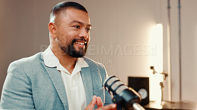 Buy stock photo Microphone, podcast and smile of man in studio for broadcast, interview or live streaming. Radio, subscription entertainment and talk show with host or presenter in production office for recording