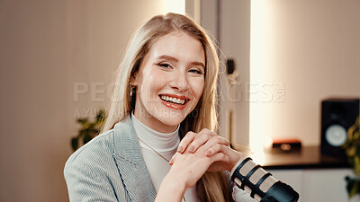 Buy stock photo Podcast, microphone and portrait of woman in studio subscribers for talk show with journalism. Happy, speaker and female radio host or reporter with live streaming, recording or broadcast in office.