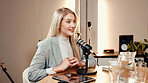 Woman, presenter with mic for podcast segment, audio broadcast and live recording in studio. Female person, speaking and hosting talk show for media production, content creator and radio announcement