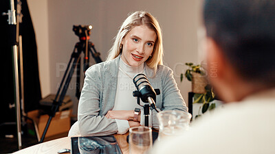 Buy stock photo Podcast, interview or people in studio with microphone, discussion or personal story in streaming show. Broadcast, digital or influencer in booth with equipment, announcement or sharing idea in chat.