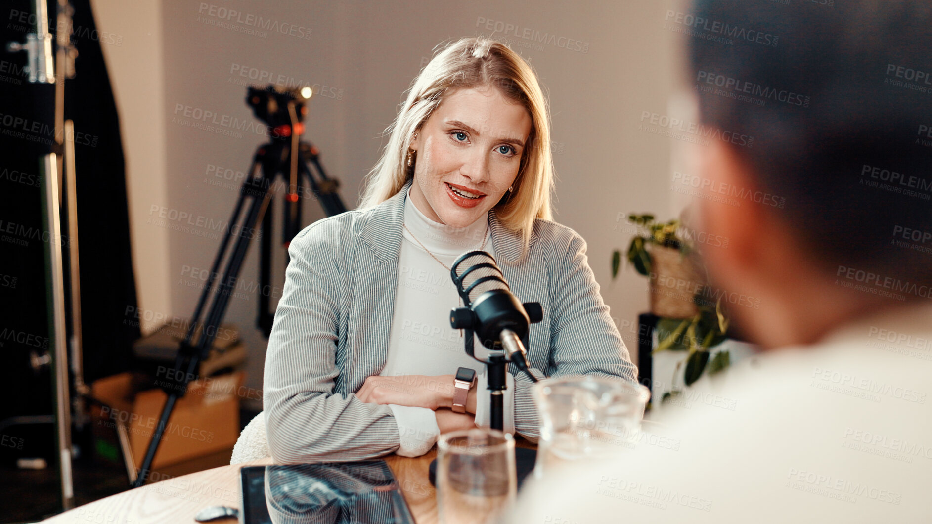 Buy stock photo Podcast, interview or people in studio with microphone, discussion or personal story in streaming show. Broadcast, digital or influencer in booth with equipment, announcement or sharing idea in chat.