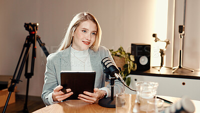 Buy stock photo Talk show, microphone and businesswoman in studio with tablet for online subscribers with podcast. Happy, digital technology and female radio host with live streaming, recording or broadcast.