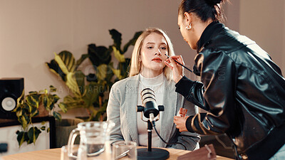 Buy stock photo Makeup brush, beautician and presenter in recording studio for podcast, getting ready or online show. Live stream, radio broadcasting or woman with cosmetics for host, content creation and microphone