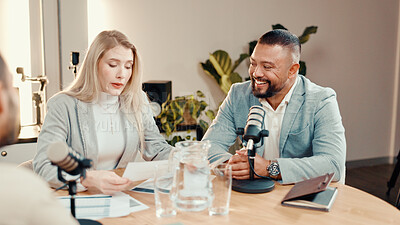 Buy stock photo Podcast, people and talk with paperwork in studio, business show and reading economy review. Document, happy podcaster and recording audio with mic, panel and live stream for entrepreneur advice