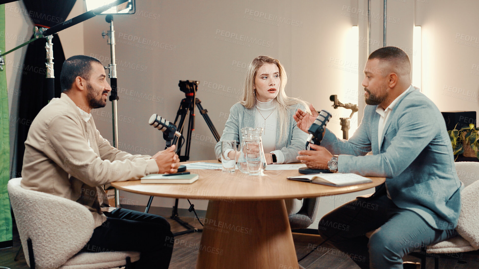 Buy stock photo Podcast, broadcast and group of people in studio for financial talk show, radio or live streaming. Investment podcaster, microphone or host with guests for interview, recording audio or business tips