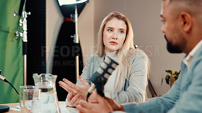 Buy stock photo Podcast, broadcast and people in studio for talk show, financial radio and live streaming. Investment podcaster, microphone and host with guest for interview, recording audio and business advice