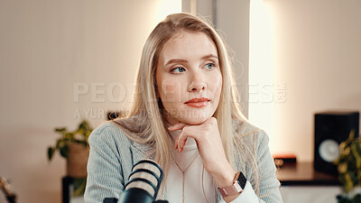 Buy stock photo Microphone, thinking and woman in recording studio for podcast, storytelling and ponder topics for show. Live stream, radio broadcasting and presenter contemplating ideas, content creation and tech