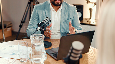 Buy stock photo Hands, man and mic for interview in studio with guest, audio broadcast and live streaming chat. Presenter, laptop and question celebrity in talk show, target audience and discussion for media podcast