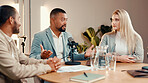 Podcast, group and people in studio for content creation, live stream or financial talk show. Investment podcaster, microphone and host with guests for interview, recording audio and business advice
