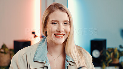 Buy stock photo Music, portrait or woman in studio with speaker, about us or founder of home recording startup. Smile, pride or entrepreneur in booth with tech, small business or experience in sound production.