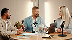 Podcast, people and talk for interview in studio, business show and content creation. Group, podcaster and microphone for recording audio with panel, broadcast or live stream for entrepreneur advice