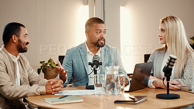 Buy stock photo Podcast, people and talk for interview in studio, business show and content creation. Group, podcaster and microphone for recording audio with panel, broadcast or live stream for entrepreneur advice