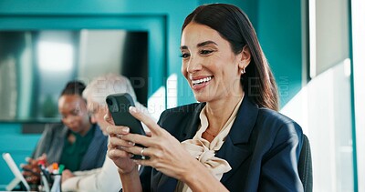 Buy stock photo Happy, business and woman with phone in office for communication, reading email and feedback. Smile, female person and mobile in meeting for social media, schedule update and online chat for proposal