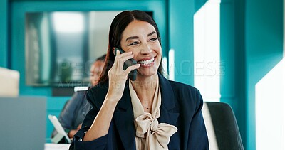 Buy stock photo Phone call, happy and business woman in office for discussion, financial advisor and contact. Corporate, finance consulting and person on smartphone for client communication, coworking and feedback