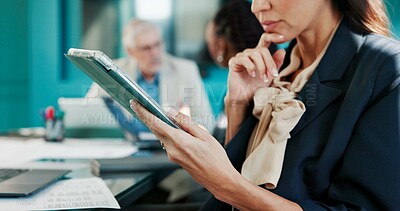 Buy stock photo Hands, thinking and woman in meeting, tablet and charts for financial planning, app and internet. People, employee and consultant with choice, tech and email for budget report, accounting or decision