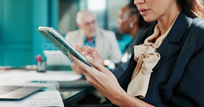 Buy stock photo Hands, meeting and woman in office, tablet and graphs for financial planning, app and internet. People, employee and consultant in workplace, tech and email for budget report, accounting and charts