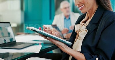 Buy stock photo Hands, business and woman in meeting, tablet and charts for financial planning, app and internet. People, employee and consultant in office, tech and email for budget report, accounting and graphs