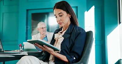 Buy stock photo Office, tablet and business woman for online website, finance report and investment research. Corporate meeting, professional and person on digital tech for financial review, networking and planning