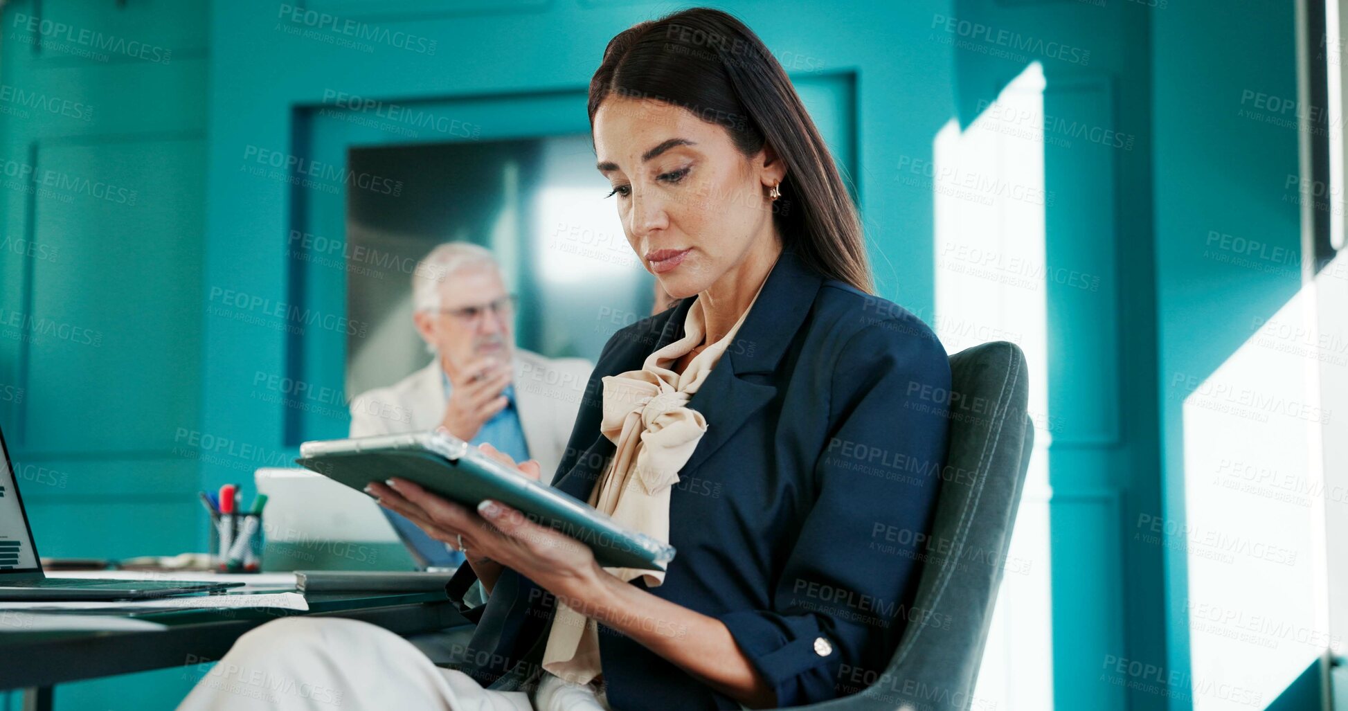 Buy stock photo Office, tablet and business woman for online website, finance report and investment research. Corporate meeting, professional and person on digital tech for financial review, networking and planning