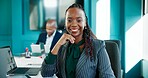 Accounting, portrait and smile of business black woman at desk in office for finance or investment. Corporate, laptop and trading with happy employee in workplace for financial or wealth management