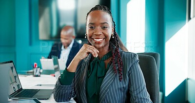 Buy stock photo Accounting, portrait and smile of business black woman at desk in office for finance or investment. Corporate, laptop and trading with happy employee in workplace for financial or wealth management