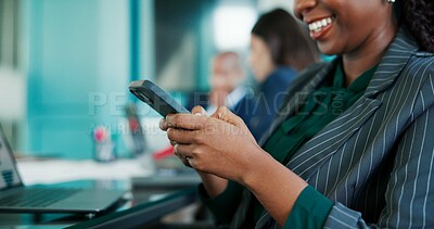 Buy stock photo Hands, business and woman with phone in office for communication, reading email and finance report. Smile,  person and mobile in meeting for social media, budget update and chat feedback for proposal