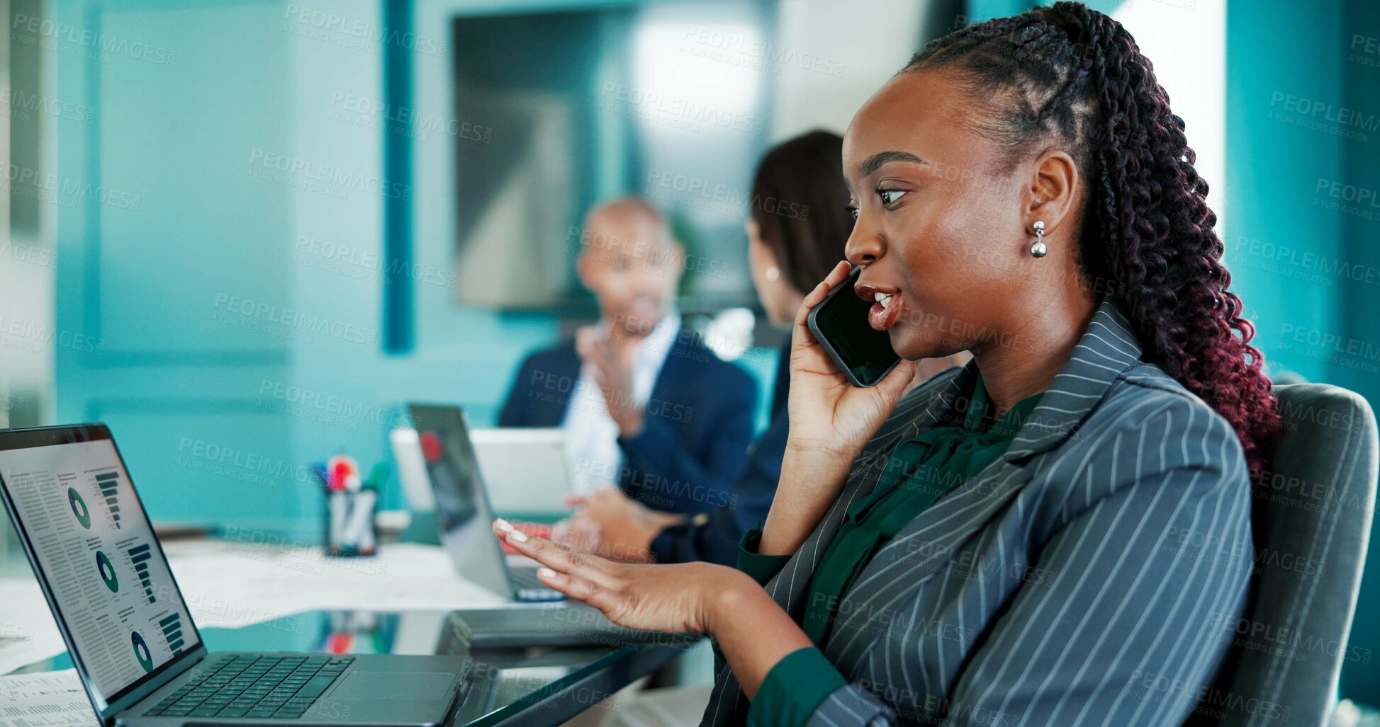 Buy stock photo Phone call, meeting and business woman on laptop for financial statistics, investment and client report. Corporate, boardroom and person on computer with graph for research, planning and feedback