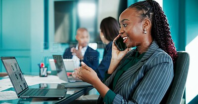Buy stock photo Phone call, meeting and business woman in office for financial statistics, investment and finance report. Corporate, boardroom and person on computer with graph for contact, planning and feedback