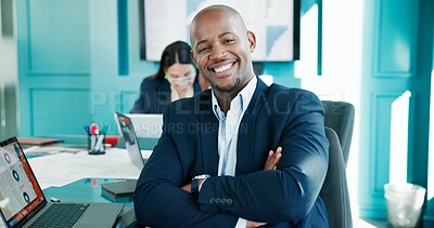 Buy stock photo Portrait, employee and man with arms crossed in office, ambition or confident for career development. Happy, bookkeeper and person with smile for business growth, tech and pride in corporate company