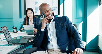 Buy stock photo Phone call, meeting and business man in office for discussion, financial planning and contact. Corporate, finance advisor and person on smartphone for client communication, networking and feedback