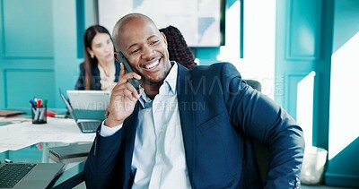Buy stock photo Phone call, office and happy business man with team for discussion, financial planning and contact. Corporate, finance advisor and person on smartphone for communication, networking and feedback