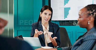 Buy stock photo Graphs, manager and woman in meeting for talk, performance results and investment portfolio. Research, strategy and financial analysts with collaboration for project decision, teamwork or planning
