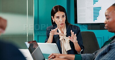 Buy stock photo Graphs, finance and woman in meeting for talk, performance results and investment portfolio. Research, strategy and financial analysts with team for project decision, discussion or planning in office