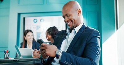 Buy stock photo Smile, business and man with phone in office for financial report, reading email and proposal. Happy, male person and mobile in meeting for schedule, budget update and feedback on investment funding
