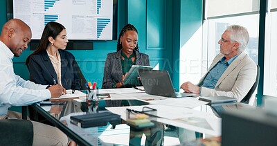 Buy stock photo Documents, finance or people in meeting for decision, performance results and sales portfolio. Research trends, strategy or financial analysts with tablet for project notes, teamwork and planning