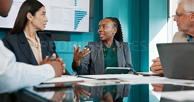 Buy stock photo Meeting, statistics and business people in office with documents for finance proposal in collaboration. Team, paperwork and manager with financial advisors for feedback on investment planning.