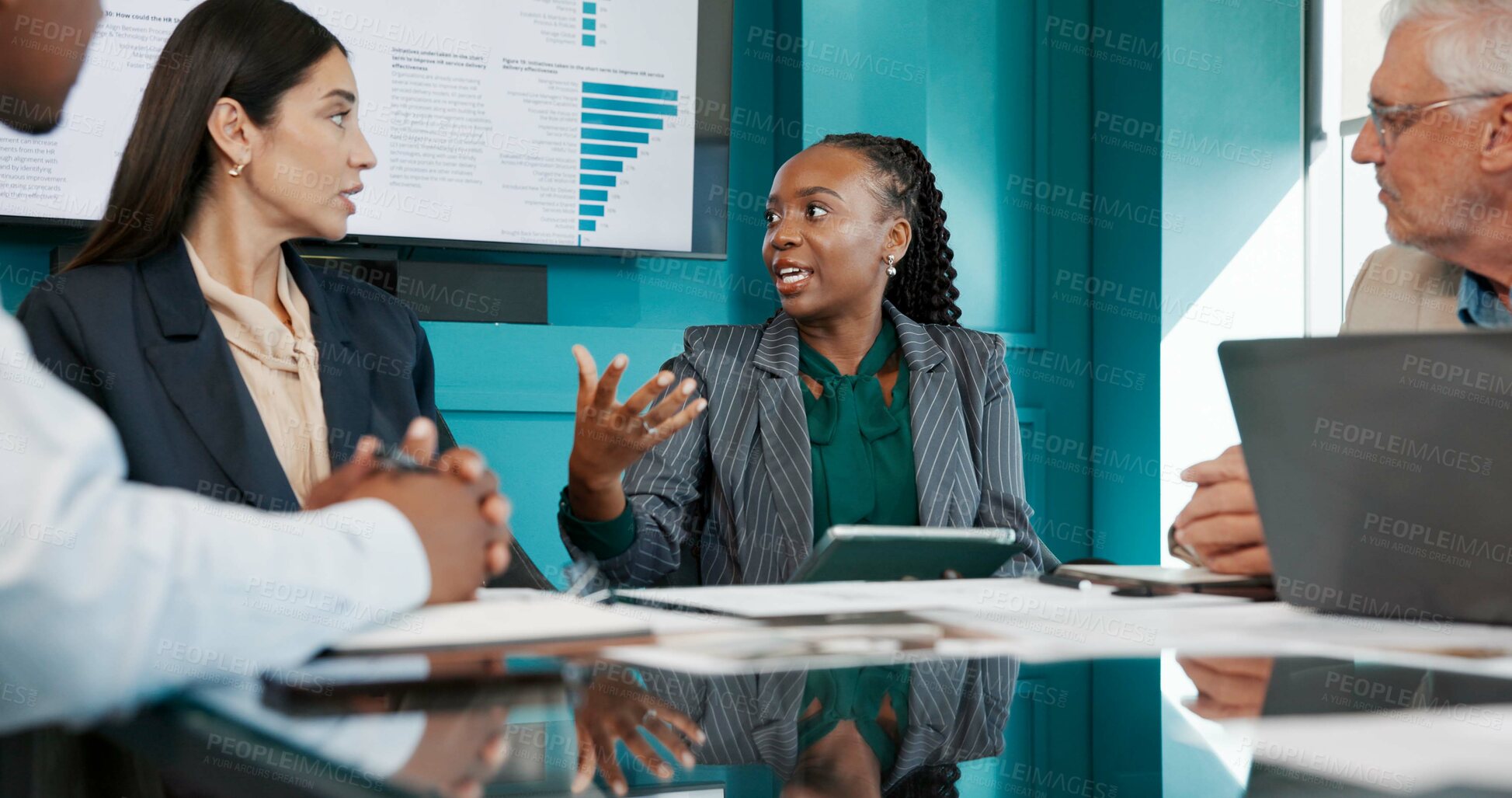 Buy stock photo Meeting, statistics and business people in office with documents for finance proposal in collaboration. Team, paperwork and manager with financial advisors for feedback on investment planning.