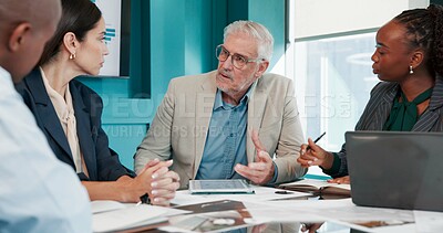 Buy stock photo Meeting, discussion and business people in office with paperwork for finance proposal in collaboration. Team, documents and manager with financial advisors for feedback on investment planning.