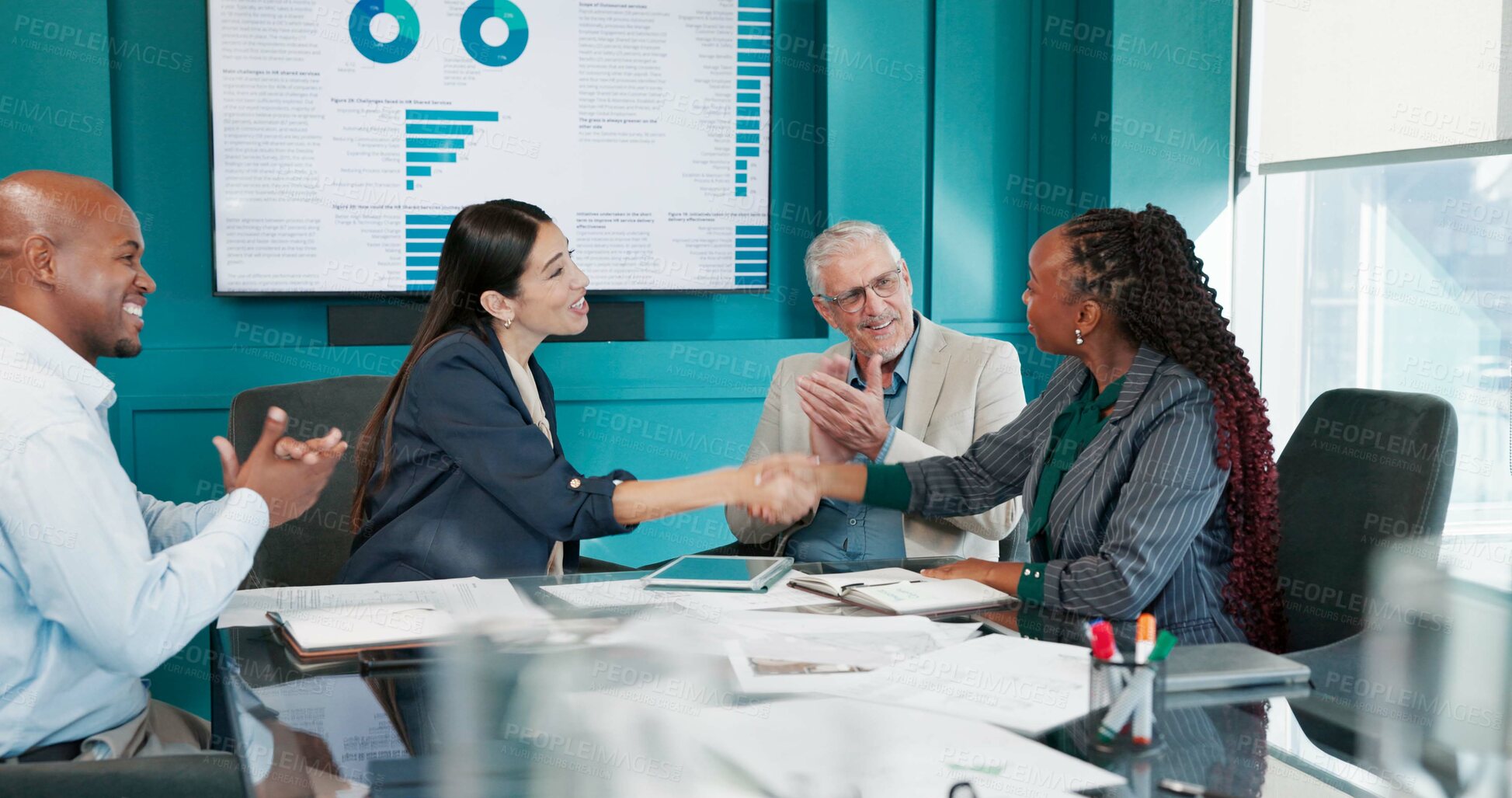 Buy stock photo Applause, business people and shaking hands for investment, deal success or data partnership. Smile, team clapping or handshake in office with financial analyst for acquisition, merger or celebration