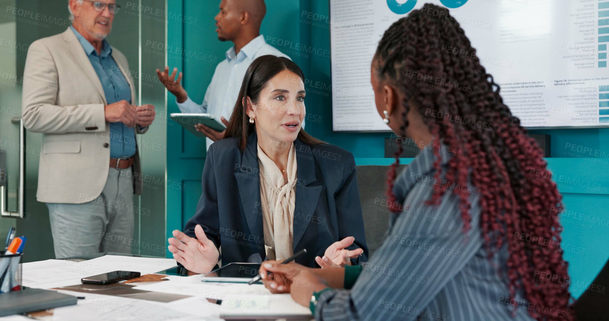 Buy stock photo Collaboration, finance and meeting with business people in office for investment or trading. Accounting, conversation and wealth management with corporate employee team in workplace for discussion