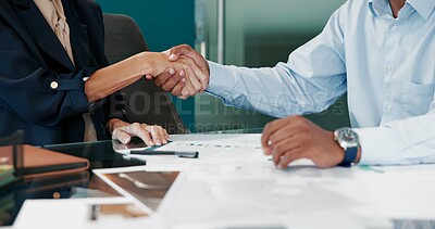 Buy stock photo Interview, business people and handshake in office for hiring, contract deal and recruitment. Agreement, team and shaking hands for onboarding, support and collaboration with partnership negotiation