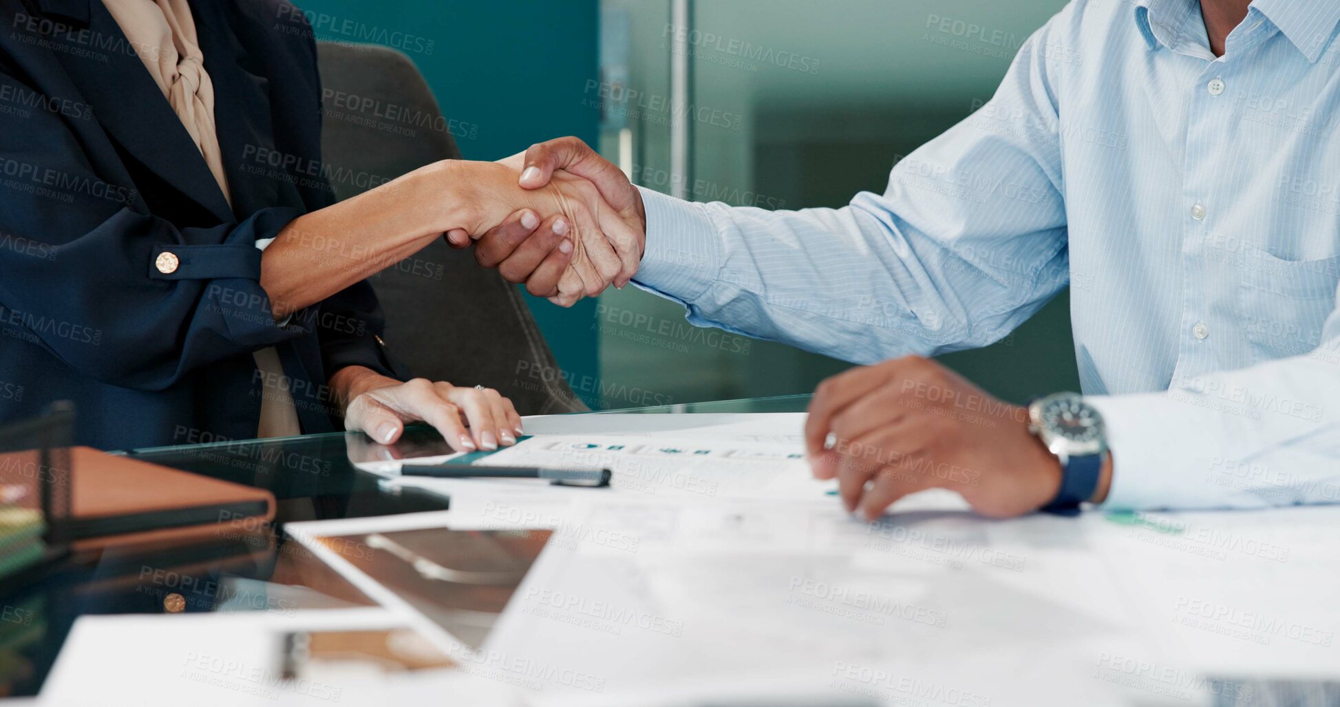Buy stock photo Interview, business people and handshake in office for hiring, contract deal and recruitment. Agreement, team and shaking hands for onboarding, support and collaboration with partnership negotiation