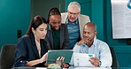 Group, people and meeting with tablet in office for research, planning and finance proposal. Staff, team and digital for brainstorming, review feedback and financial information of investment company